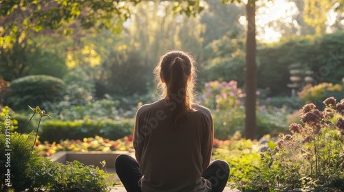A person meditating peacefully in a serene garden setting.