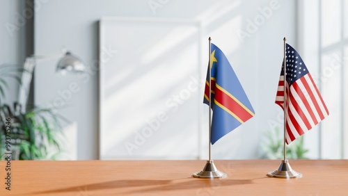 FLAGS OF CONGO DEMOCRATIC REPUBLIC AND USA ON TABLE photo