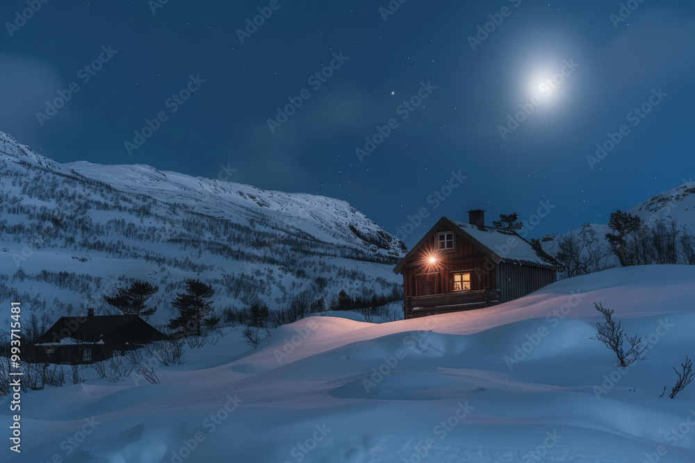 snowy landscape with a small cabin standing alone on the mountain. the moon shines in an aurora borealis sky. the light splits around the moonlight snowy landscape with a small cabin standing alone on the mountain. the moon shines in an aurora borealis sky. the light splits around the moonlight