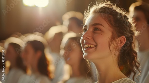 Detailed scene of a church choir singing during a Sunday service ultra-clear image