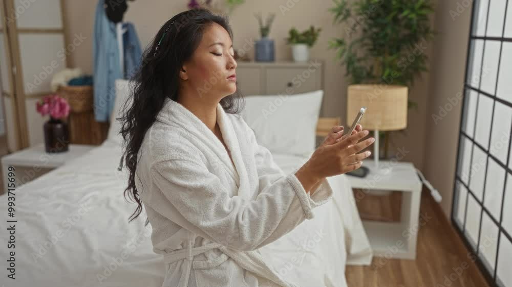 Woman in a white robe using a smartphone while sitting on a bed in a cozy, well-decorated bedroom. Woman in a white robe using a smartphone while sitting on a bed in a cozy, well-decorated bedroom.