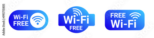 Blue wifi sticker with gradient. Hotspot emblem for internet place. Internet zone lable.