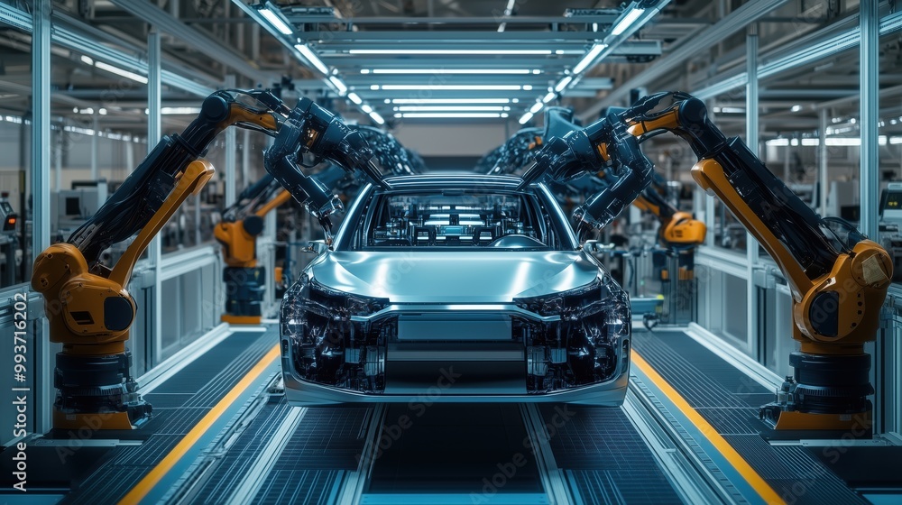 Car chassis is being constructed by robotic arms on an advanced assembly line in an automotive factory, showcasing modern manufacturing processes. Car chassis is being constructed by robotic arms on an advanced assembly line in an automotive factory, showcasing modern manufacturing processes.