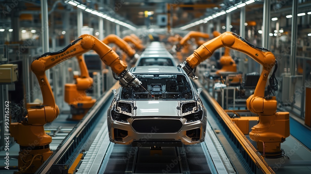 Robotic arms work on multiple cars on a highly automated production line in a large-scale automotive manufacturing factory, ensuring precision and efficiency. Robotic arms work on multiple cars on a highly automated production line in a large-scale automotive manufacturing factory, ensuring precision and efficiency.
