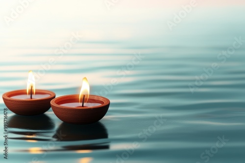 Floating candles on calm water surface, serene and peaceful ambiance. 3d illustration