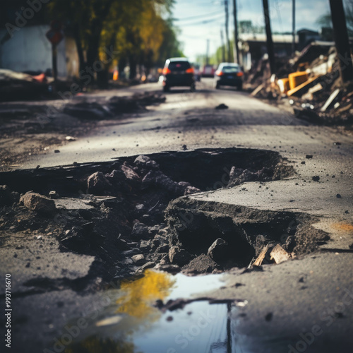 Potholes and Cracked Asphalt on a Damaged Roadway