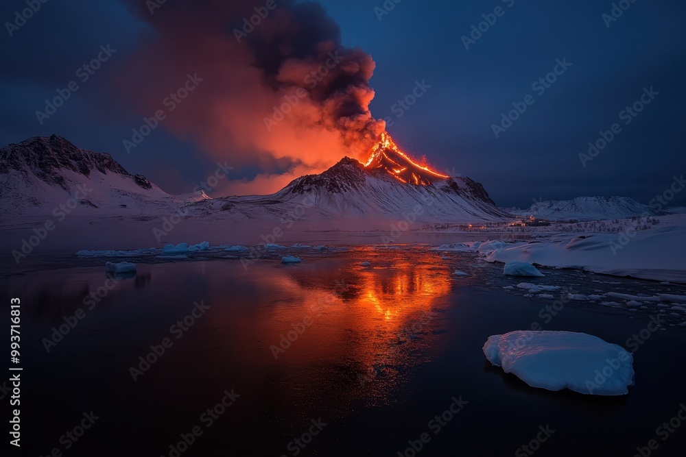 Naklejka premium An evening scene of a volcanic eruption with a dramatic lava flow lighting up the night sky and icy waters at twilight, capturing nature's raw and powerful beauty.