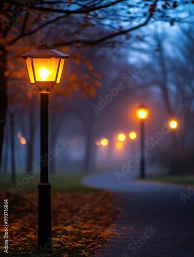 A serene park pathway illuminated by vintage lamps during a foggy evening, creating a peaceful and mysterious atmosphere.