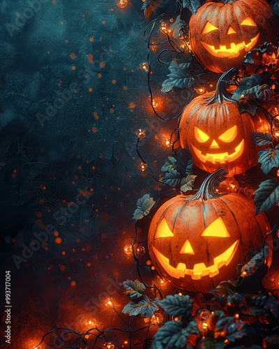 Glowing Jack-o'-lanterns with Autumn Leaves and Lights