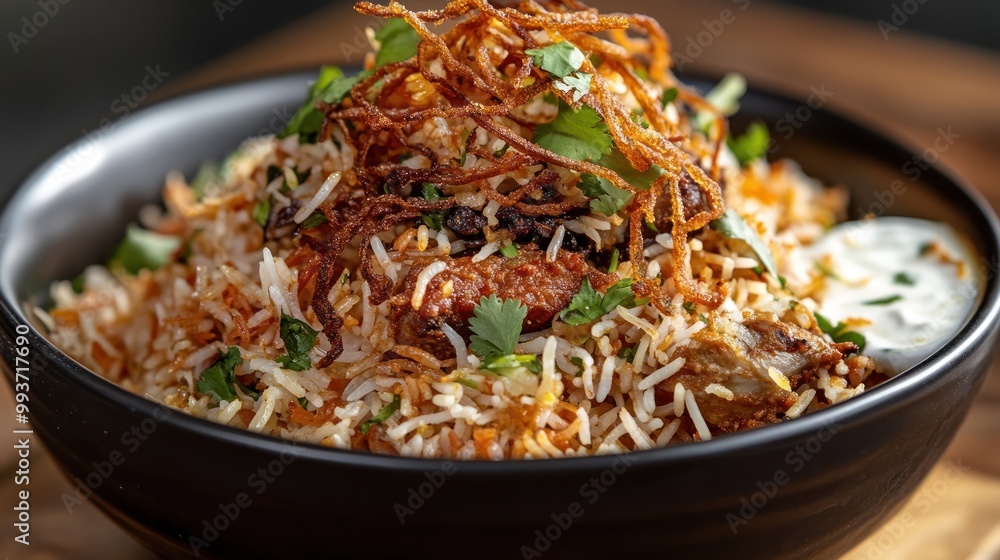 A bowl of flavorful biryani topped with crispy onions and herbs, served with yogurt. A bowl of flavorful biryani topped with crispy onions and herbs, served with yogurt.