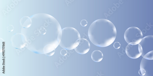 Macro shot of isolated water white bubbles on blue background. A set of blue and white soap bubbles to create a design. Isolated, transparent, realistic soap bubbles on a transparent background