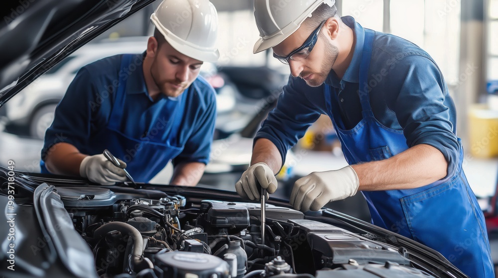 Two Mechanics Inspecting Car Engine. Two mechanics in helmets and gloves inspecting a car engine during maintenance, performing adjustments in an automotive repair shop. Two Mechanics Inspecting Car Engine. Two mechanics in helmets and gloves inspecting a car engine during maintenance, performing adjustments in an automotive repair shop.