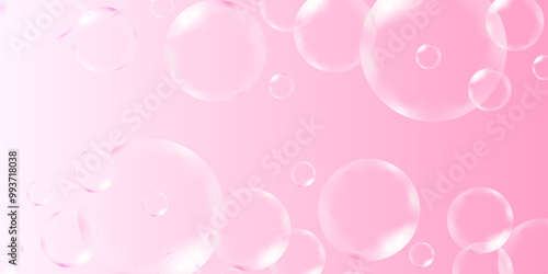 Macro shot of isolated water white bubbles on pink background. A set of pink and white soap bubbles to create a design. Isolated, transparent, realistic soap bubbles on a transparent background