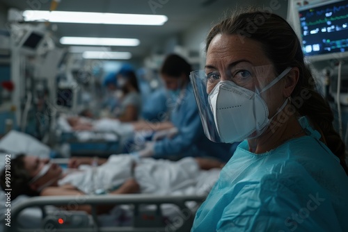 Healthcare professionals diligently working in a busy ICU ward, tending to patients with utmost care and precision, showcasing the frontline workers' dedication and resilience. photo