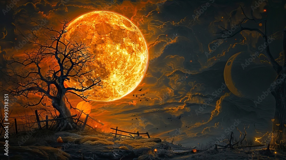 Fototapeta premium Full moon for a happy halloween, Halloween elements, Happy Halloween
