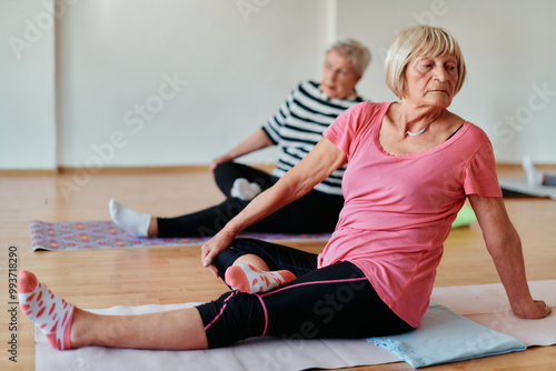 Senior Women Embrace Wellness: Yoga and Stretching in a Sunlit Space