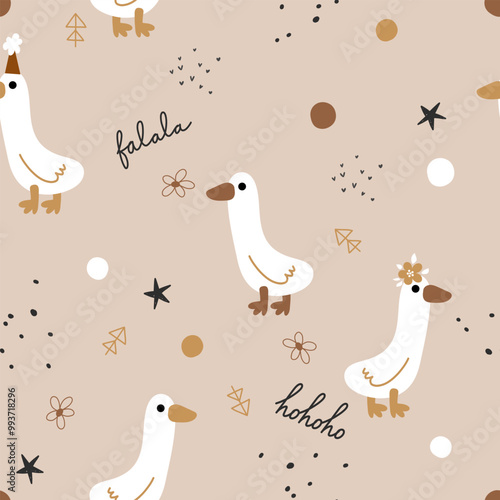 Cute goose duck christmas new year beige childish kid toddler fabric seamless pattern 