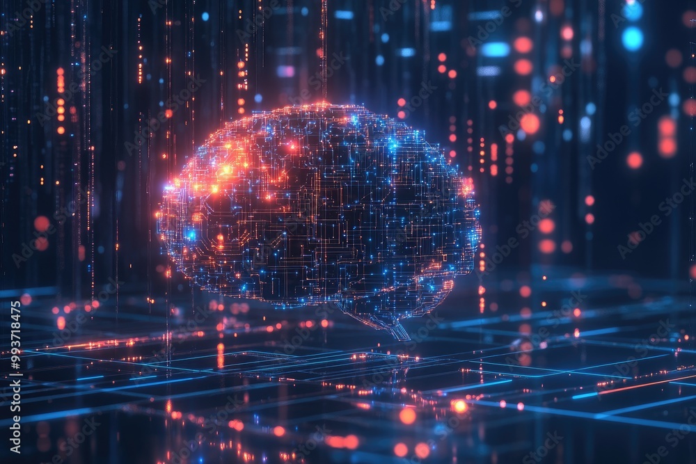 Fototapeta premium Artificial intelligence brain with a digital network, glowing circuits, and machine learning visualizations