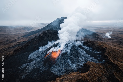 An aerial view of a volcanic mountain with smoke billowing and lava glowing from its peak, showcasing the tremendous scale and raw energy of geological activity.