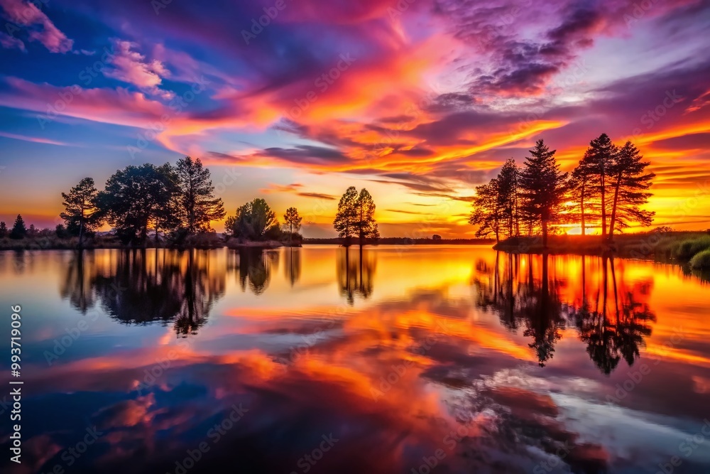Vibrant Sunset Over Serene Lake with Silhouetted Trees and Reflective Water in Tranquil Setting Vibrant Sunset Over Serene Lake with Silhouetted Trees and Reflective Water in Tranquil Setting