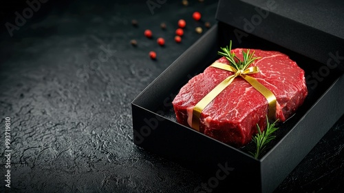 A beautifully presented gourmet meat gift box featuring a premium steak tied with a golden ribbon, surrounded by fresh herbs and spices, perfect for culinary enthusiasts.