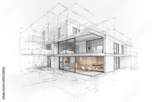 Technical wireframe sketch of a modern house structure featuring detailed architectural drawings and geometric perspectives of the buildings exterior and layout photo