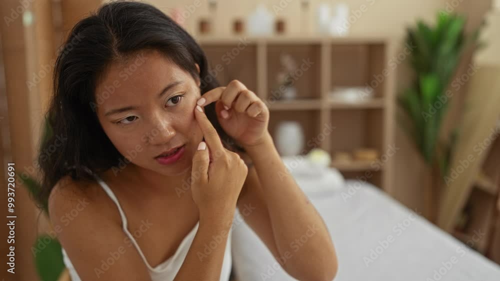 Young woman squeezing pimple on face in beauty salon in china Young woman squeezing pimple on face in beauty salon in china