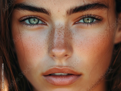 Close-up of a woman face showcasing timeless beauty, soft skin, and perfect symmetry, highlighted by natural light