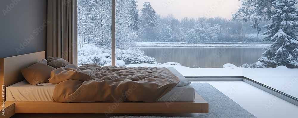 Modern winter bedroom with a sleek bed, a warm, soft comforter, and a picturesque snowy view outside. Modern winter bedroom with a sleek bed, a warm, soft comforter, and a picturesque snowy view outside.