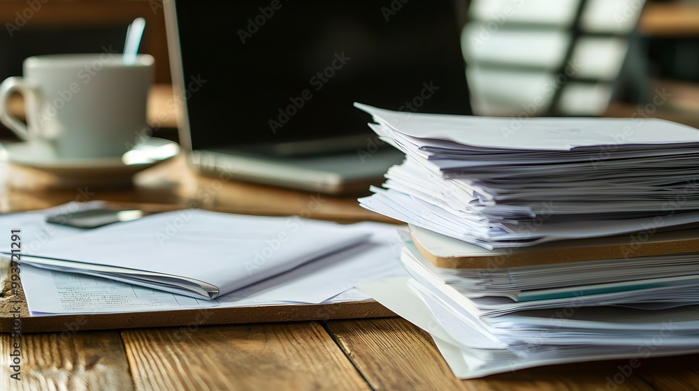 Fototapeta premium Organized Workspace with Financial Reports and Technology Essentials