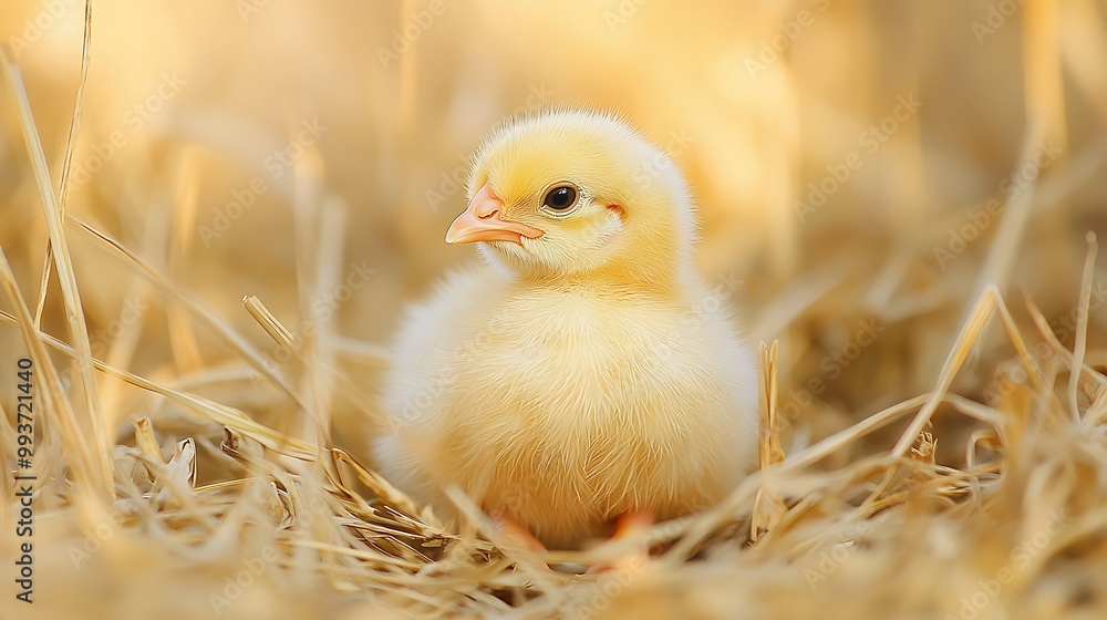A fluffy yellow chick sits in a nest of hay, looking to the side. A fluffy yellow chick sits in a nest of hay, looking to the side.