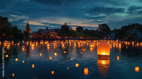 Sukhothai Community Festival Illustration Co Lamplighter Loy Krathong, Ai generated image
