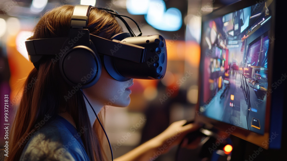 young woman is immersed in high definition gaming while wearing virtual reality headset, showcasing excitement of modern gaming technology young woman is immersed in high definition gaming while wearing virtual reality headset, showcasing excitement of modern gaming technology