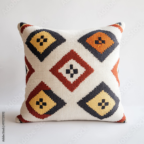 A cozy throw pillow with a geometric pattern on a white background