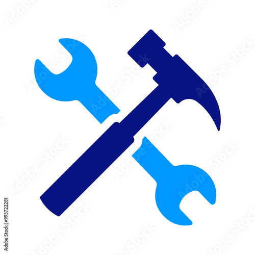 Hammer and wrench crossing, blue gradient, construction tools, repair work, handyman equipment, crossed tools symbol, mechanical work, construction service, heavy tools.