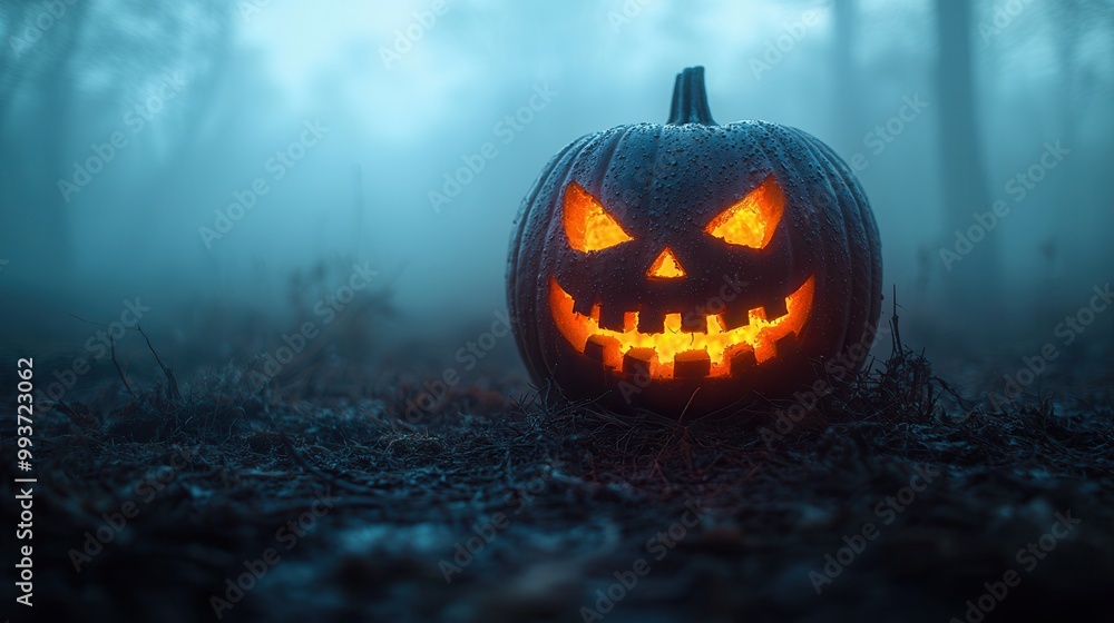 Naklejka premium Spooky Halloween Pumpkin in Foggy Forest