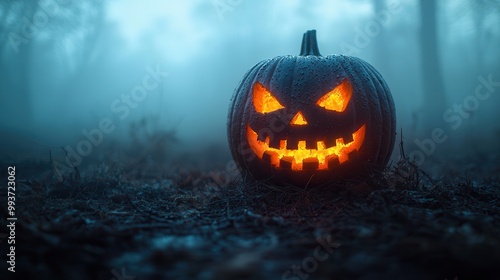 Spooky Halloween Pumpkin in Foggy Forest