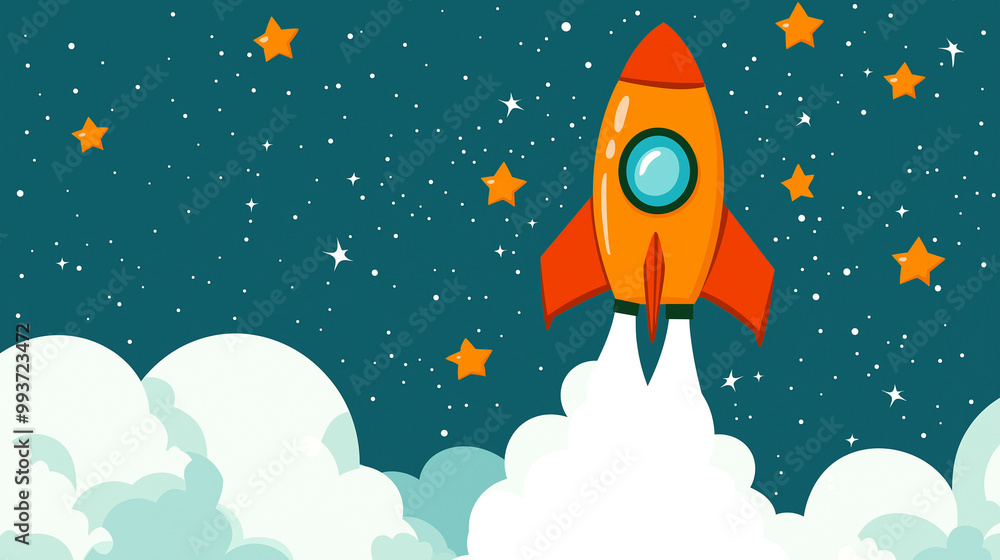 Rocket Ship Launching into Space with Stars and Clouds Rocket Ship Launching into Space with Stars and Clouds