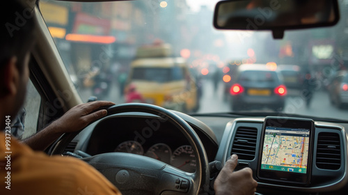 Driving through bustling city, commuter relies on GPS enabled device for navigation amidst busy streets filled with vehicles and pedestrians