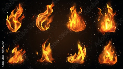 A collection of various fire flames with sparks on a dark background.