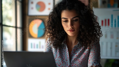 Wallpaper Mural A woman with curly hair works on a laptop in a well-lit office with charts and graphs. Torontodigital.ca