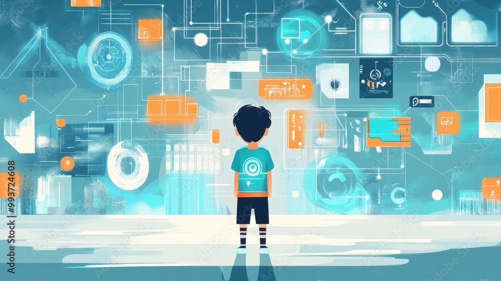 child surrounded by digital icons flat design front view futuristic theme cartoon drawing Complementary Color Scheme child surrounded by digital icons flat design front view futuristic theme cartoon drawing Complementary Color Scheme