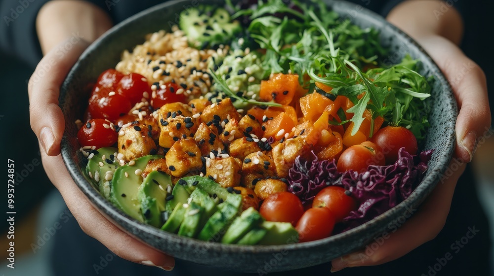 Delicious balanced food theme with grilled chicken, rice, spicy chickpeas, avocado, cabbage, and pepper in a top perspective on a dark background. Delicious balanced food theme with grilled chicken, rice, spicy chickpeas, avocado, cabbage, and pepper in a top perspective on a dark background.