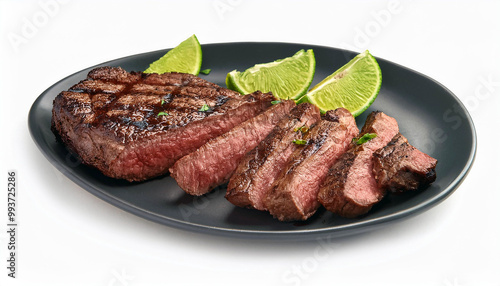 Grilled Steak with Lime Wedges on Black Plate