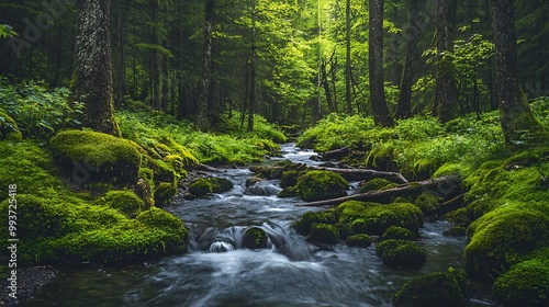 A calm stream flows through a lush green forest, surrounded by moss-covered rocks and trees.