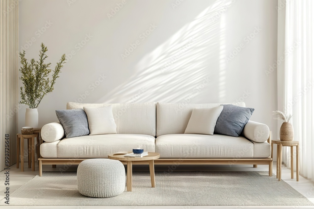 Fototapeta premium Scandinavian-inspired sofa set with soft fabrics and minimalist side tables, creating a cozy yet sophisticated lounge space.