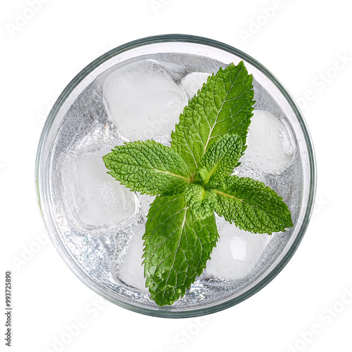 Top View of a Refreshing Glass of Sparkling Water or Gin Cocktail Drink with Mint Leaves and Ice Cubes, On a Transparent Background / Background Removed