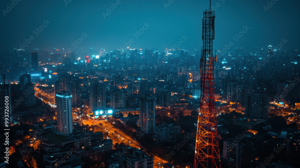 Obraz premium stunning view of city skyline at night, featuring prominent telecommunication tower illuminated against backdrop of glowing buildings and bustling streets. vibrant lights create captivating urban
