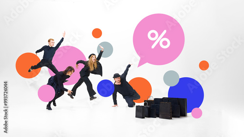 Four people, full of excitement, racing towards massive discounts. Vibrant speech bubbles highlight percentage savings and deals. Creative design. Concept of sales, Black Friday, Cyber Monday