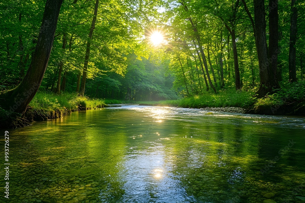 A bright and peaceful view of a lush forest with a crystal clear stream that reveals the rocks beneath. Sunlight filters through tall trees. No people. A natural scene suitable for ecotourism. A bright and peaceful view of a lush forest with a crystal clear stream that reveals the rocks beneath. Sunlight filters through tall trees. No people. A natural scene suitable for ecotourism.